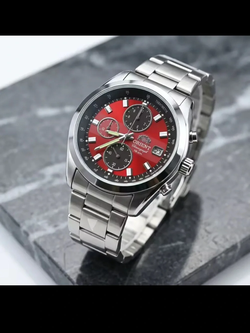 New Men’s Chronograph, Mechanical Stainless Steel Watch with Red Dial
